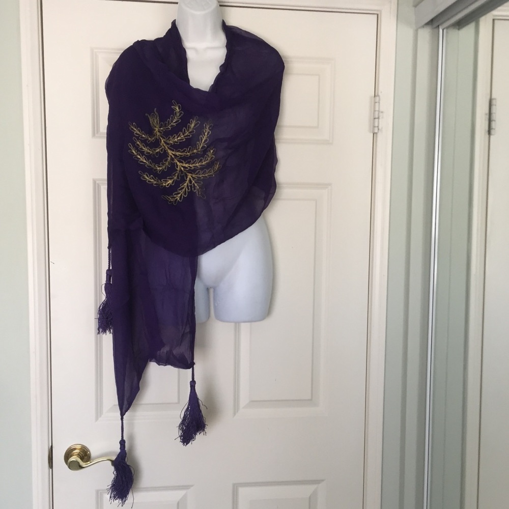 Vintage 68”x18.5” Rayon ShawlScarf Gold embroidery